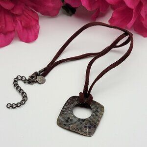 Mexico And ATI 925 Thailand Hammered Square Pendant Cord Necklace 16 Inch